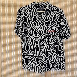 H&M Keith Haring Men S Shirt Black White Graphic Print Button Up Streetwear